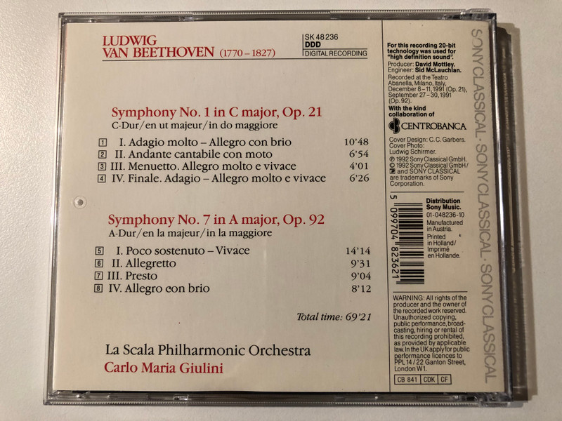 Beethoven: Symphonies 1 & 7 - La Scala Philharmonic Orchestra, Carlo Maria Giulini / Sony Classical Audio CD 1992 / SK 48 236