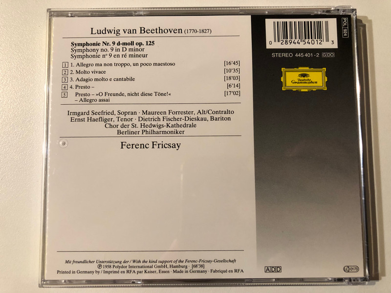Ferenc Fricsay Portrait / Ludwig van Beethoven: Symphony No. 9 - Irmgard Seefried, Maureen Forrester, Ernst Haefliger, Dietrich Fischer-Dieskau, Chor Der St. Hewigs-Kathedrale, Berliner Philharmoniker / Deutsche Grammophon Audio CD Stereo / 445 401-2