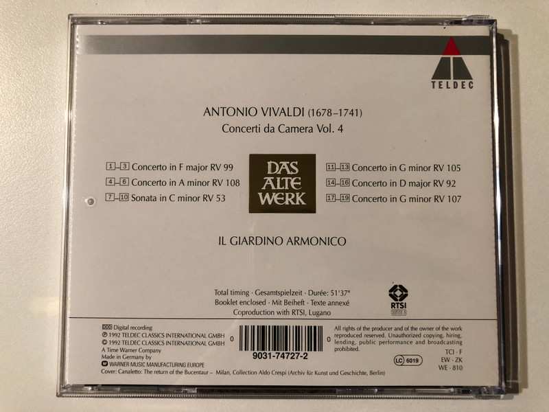 Antonio Vivaldi: Concerti Da Camera ∙ Vol. 4- Il Giardino Armonico / Das Alte Werk / Teldec Audio CD 1992 / 9031-74727-2