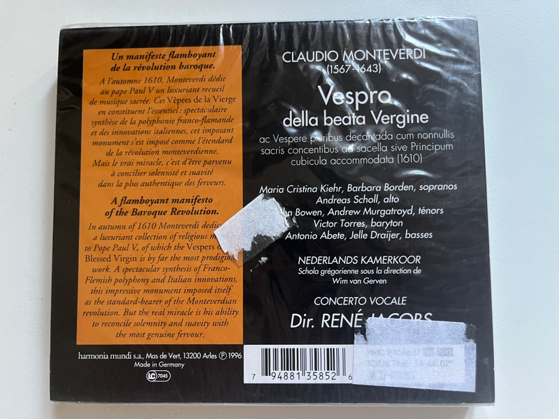 Montverdi: Vespro Della Beata Vergine - M.C. Kiehr, B. Borden, A. Scholl, J. Bowen, V. Torres, A. Murgatroyd, A. Abete, J. Draijer, Nederlands Kamerkoor, Concerto Vocale, René Jacobs / Harmonia Mundi France 2x Audio CD 1996 / HMC 901566.67