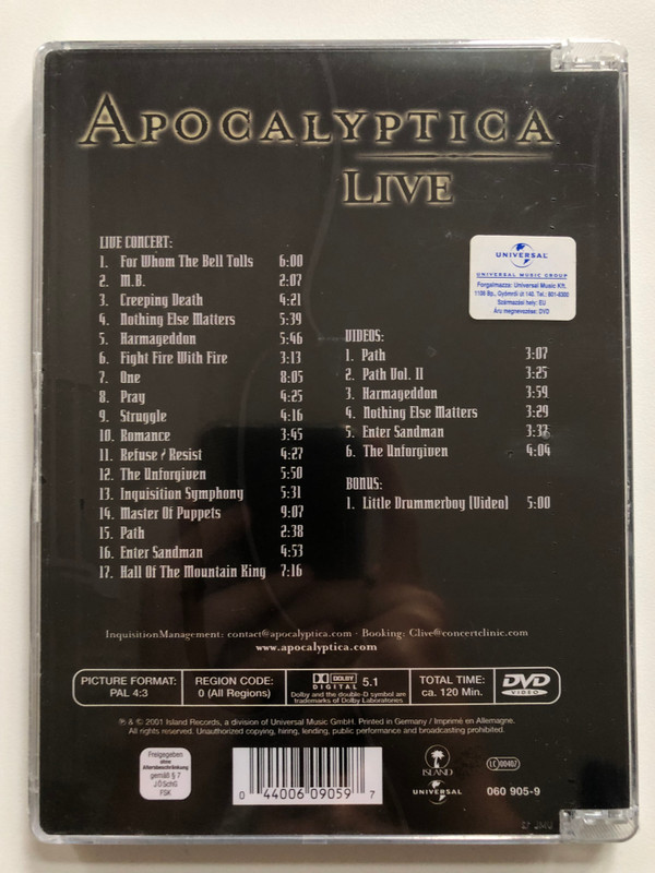 APOCALYPTICA LIVE / Recorded show in Munich, on 24 October 2001 / Heavy Metal-minded Finish quartet of cello players / DVD (044006090597)