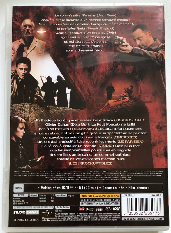 Les Rivières pourpres 2 LES ANGES DE L'APOCALYPSE  CHRISTOPHER LEE  UN FILM DE OLIVIER DAHAN  JEAN RENO, BENOIT MAGIMEL  STUDIO CANAL  DVD Video (5050582235173)