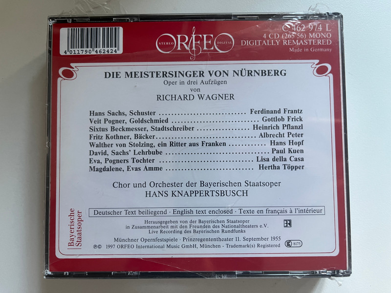 Wagner: Die Meistersinger Von Nürnberg - Della Casa, Töpper, Hopf, Frantz, Frick, Pflanzl, Hans Knappertsbusch / Orfeo D'Or, Bayerische Staatsoper Live / Orfeo 4x Audio CD, Mono 1997 / C 462 974 L