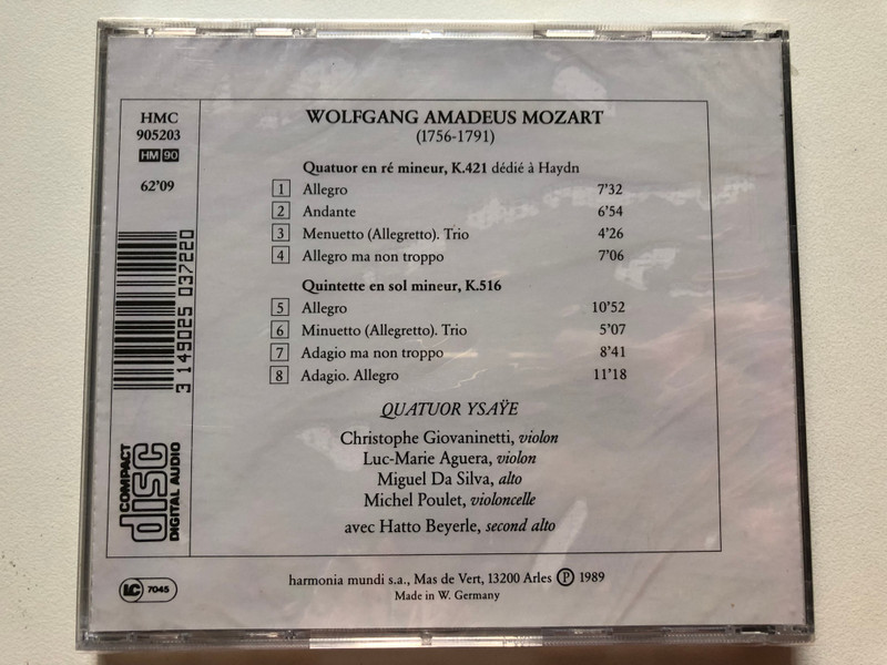 Quatuor Ysaÿe - Mozart: Quatuor KV 421, Quintette KV 516 - Hatto Beyerle / Créations En Val De Charente / Harmonia Mundi France Audio CD 1989 / HMC 905203