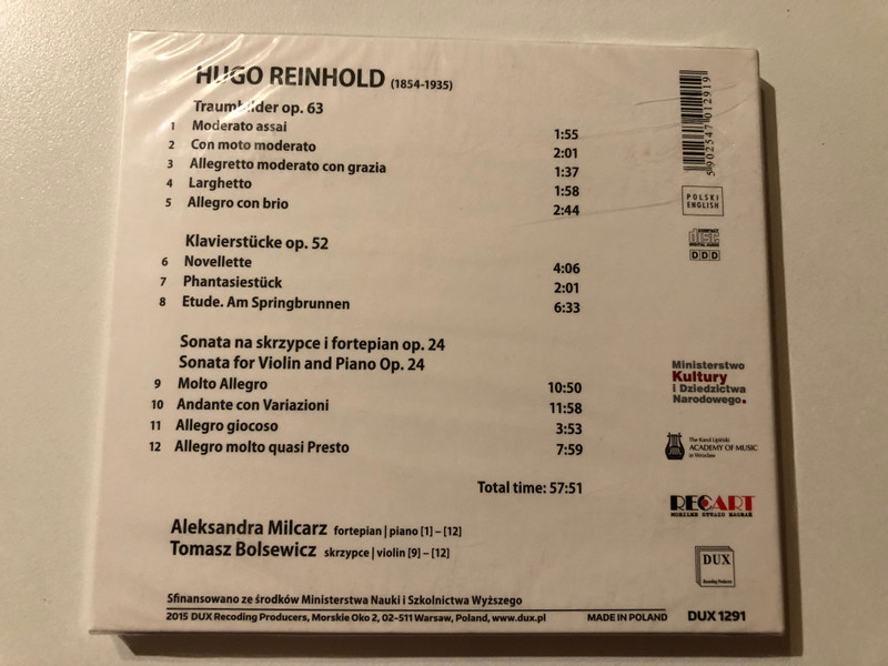 Hugo Reinhold: Selected Works - Aleksandra Milcarz (piano), Tomasz Bolsewicz (violin) / DUX Recording Producers Audio CD 2015 / DUX 1291