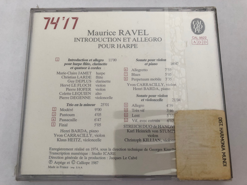 Maurice Ravel: Trio En La Mineur - Sonate Violon Et Piano; Sonate Violon Et Violoncelle; Introduction Et Allegro Pour Harpe / Calliope Audio CD 1987 / CAL. 9822