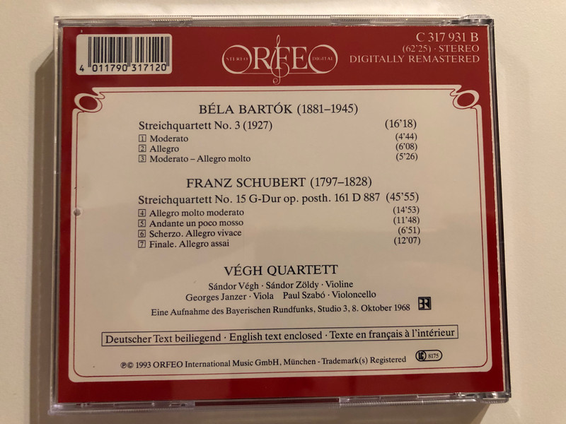 Bartók: Streichquartett N°3, Schubert: Streichquartett D 887 - Vegh Quartett / Orfeo Audio CD 1993 Stereo / C 317 931 B