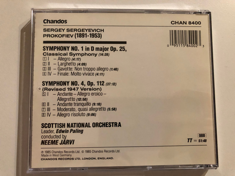 Prokofiev - Symphony No.1 In D Op.25, 'Classical'; Symphony No.4, Op.112 (Revised 1947 Version) - Scottish National Orchestra, Neeme Järvi conductor / Chandos Audio CD 1985 / CHAN 8400