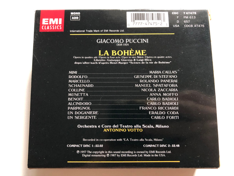 Puccini: La Bohème - Callas, di Stefano, Panerai, Moffo / Orchestra E Coro Del Teatro Alla Scala di Milano, Votto / EMI Classics 2x Audio CD, Box Set, Mono 1987 / CDC 7 47475