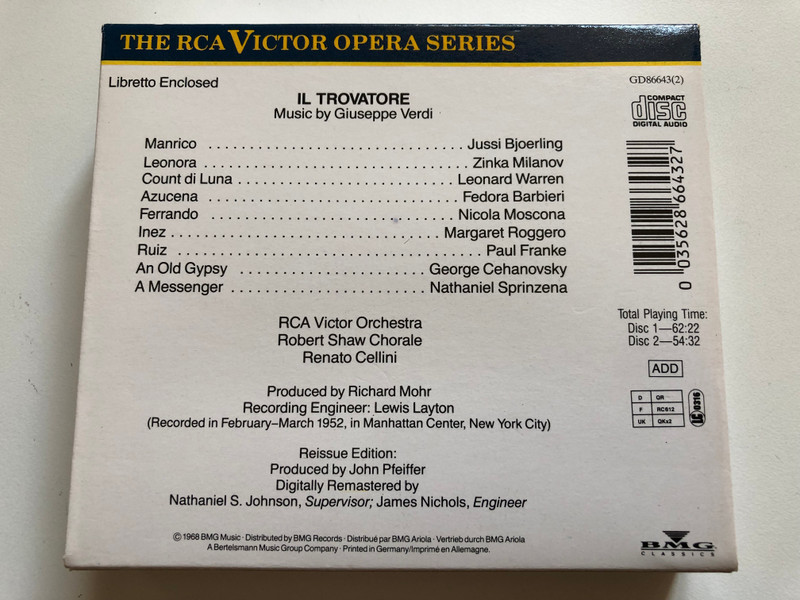 Verdi: Il Trovatore - Bjoerling, Milanov, Barbieri, Warren, Cellini, RCA Victor Orchestra, Robert Shaw Chorale / RCA Victor 2x Audio CD 1988 / GD86643(2)
