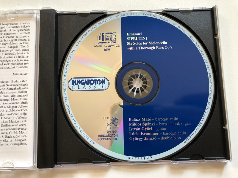 Siprutini: Six Solos for Violoncello with a Thorough Bass Op. 7 - Balazs Mate (baroque cello), Miklos Spanyi (harpsichord, ogan), Istvan Gyori (guitar), Lucia Krommer (baroque cello) / Hungaroton Classic Audio CD 2004 Stereo / HCD 32242