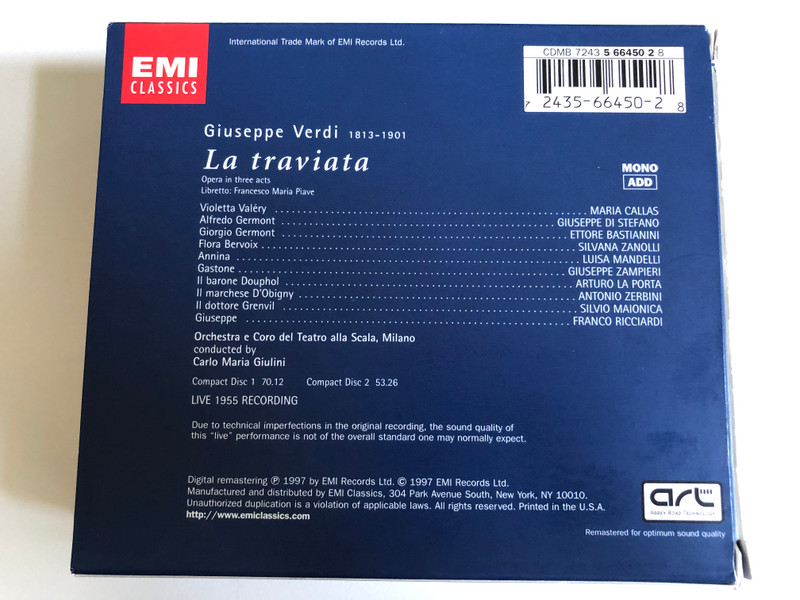 Verdi: La Traviata [Live 1955 Recording] - Maria Callas, Giuseppe di Stefano, Ettore Bastianini, Orchestra E Coro Del Teatro Alla Scala, Carlo Maria Giulini / EMI Classics 2x Audio CD, Box Set, Mono 1997 / 7243 5 66450 2 8
