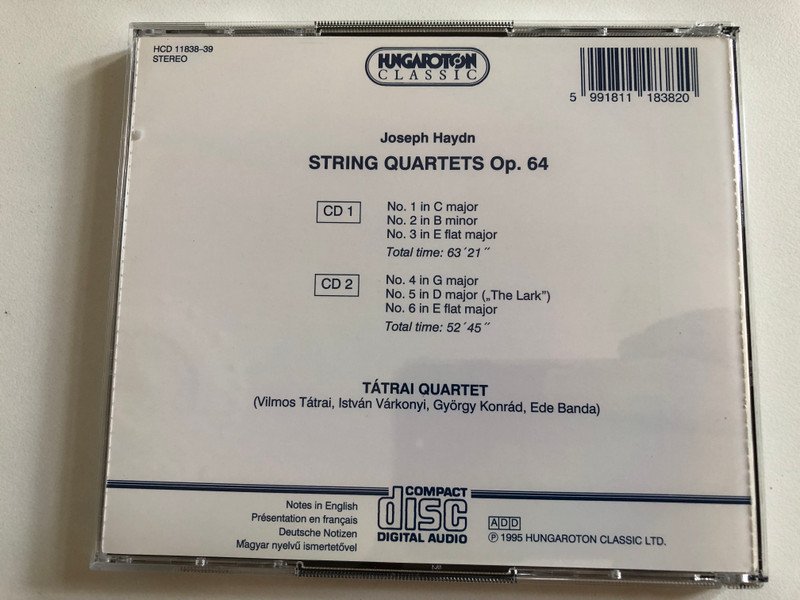 Joseph Haydn: 6 String Quartets Op. 64, Including ''The Lark'' - Tatrai Quartet / Hungaroton Classic 2x Audio CD 1995 Stereo / HCD 11838-39
