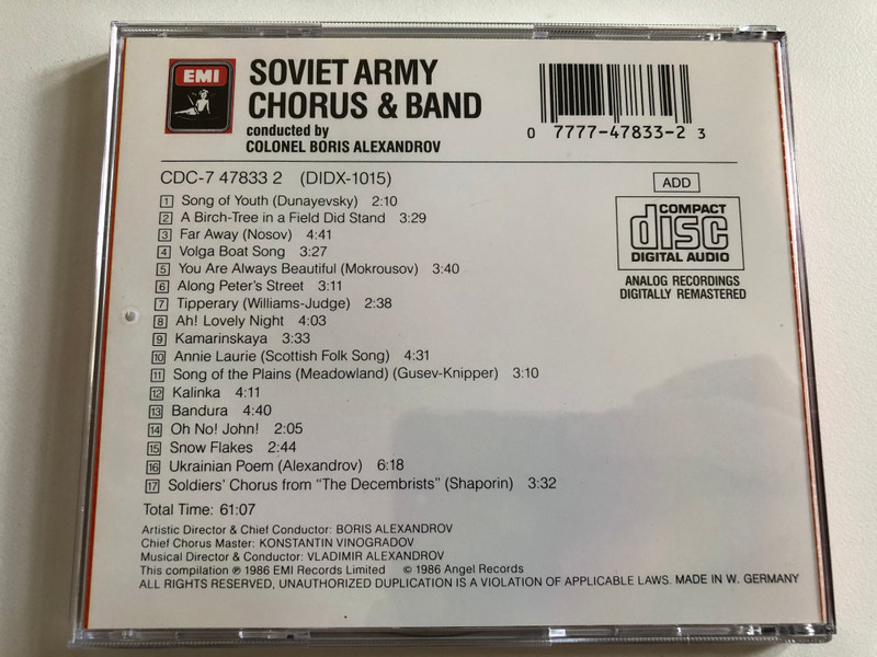 Soviet Army Chorus & Band - Conducted By Colonel Boris Alexandrov / Angel Records Audio CD 1986 / CDC-7 47833 2