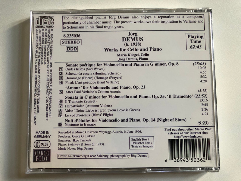 Jörg Demus – Sonate Poétique, Op. 8; Sonata in C minor, Op. 35; Nuit d'etoiles, Op. 14 - Maria Kliegel (cello), Jorg Demus (piano) / Marco Polo Audio CD 1998 / 8.225036