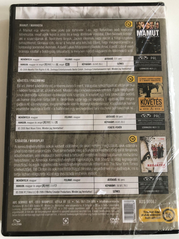 MAMUT, KÖVETES, SZÓJÁTÉK  KULTÚRSOKK HALADÓKNAK DÍSZDOBOZ  MOZI MARATON  DVD Video (5996471000067)