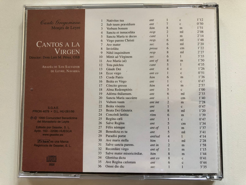 Cantos A La Virgen - Director: Dom Luis M. Perez, OSB - Canto Gerogirana, Monjes de Leyre / Prion Audio CD 1999 / 4079