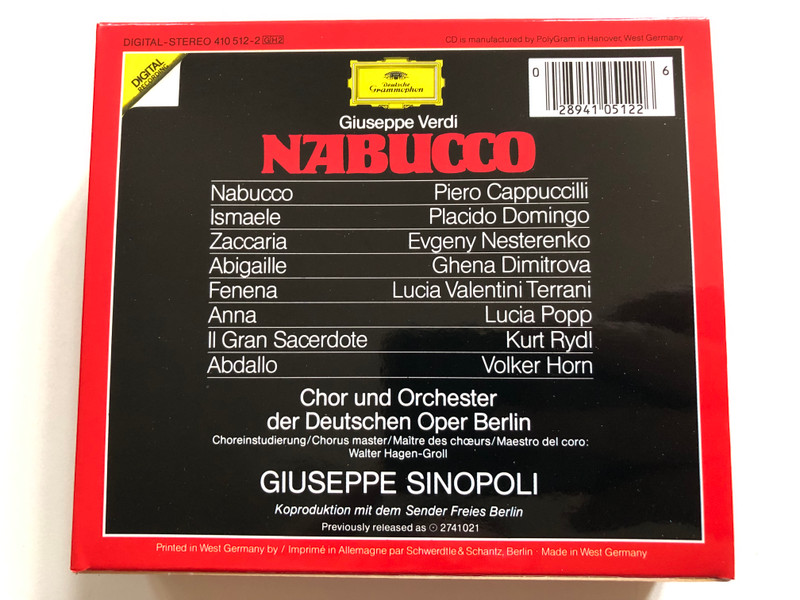 Giuseppe Verdi: Nabucco - Piero Cappuccilli, Placido Domingo, Evgeny Nesterenko, Ghena Dimitrova, Lucia Valentini Terrani, Chor & Orchester der Deutschen Oper Berlin, Giuseppe Sinopoli / Deutsche Grammophon 2x Audio CD, Box Set, Stereo / 410 512-2
