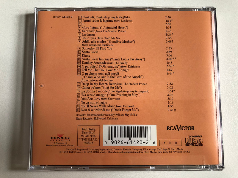 Mario Lanza – Don't Forget Me / RCA Victor Audio CD 1993 / 09026-61420-2