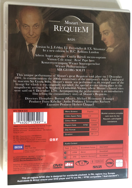 Mozart - Requiem / 200th Anniversary Performance Commemorating Mozart's Death / BONUS FEATURE: "THE STORY OF THE REQUIEM" / K626 / DVD Video (044007113998)