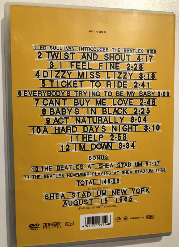 The Beatles - Live at Shea-Shea Stadium New York  AUGUST 15, 1965  EXCELLENT QUALITY FROM ORIGINAL 35MM FILM  MC 6309  DVD Video (4011778979548)