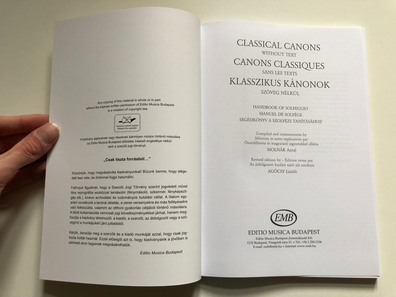 CLASSICAL CANONS without text / Handbook of Solfeggio / New edition edited by Agócsy László / Compiled and commentaries by Molnár Antal / sheet music (9790080125816)