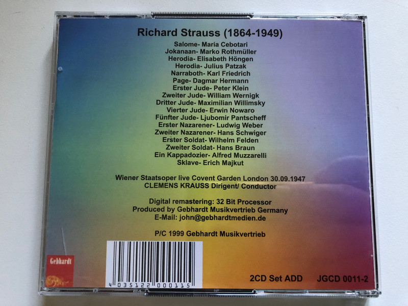 RICHARD STRAUSS - SALOME  Cebotari, Rothmüller, Höngen, Patzak  Covent Garden 1947, Clemens Krauss  2CD Set ADD  JGCD 0011-2  Audio CD (4035122000115)