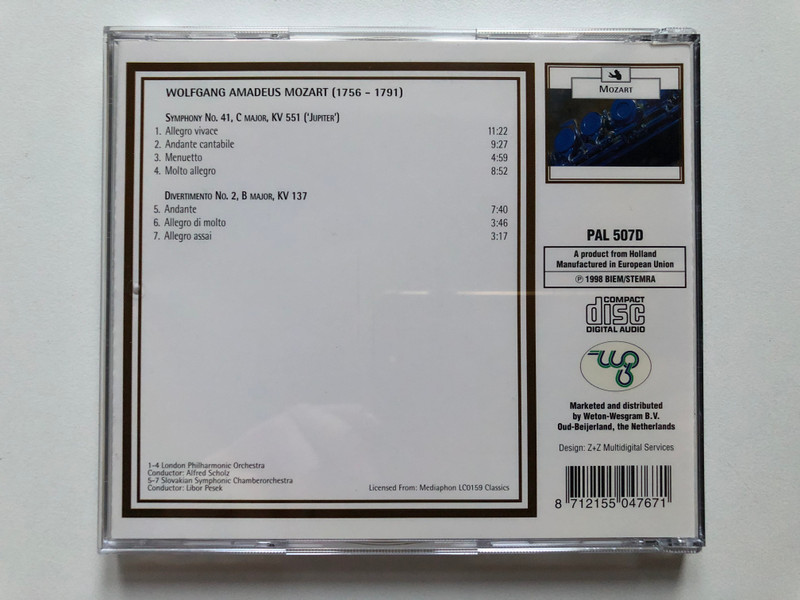 Mozart - Divertimento No. 2 & Symphony No. 41 / Weton-Wesgram Audio CD 1998 / PAL 507D