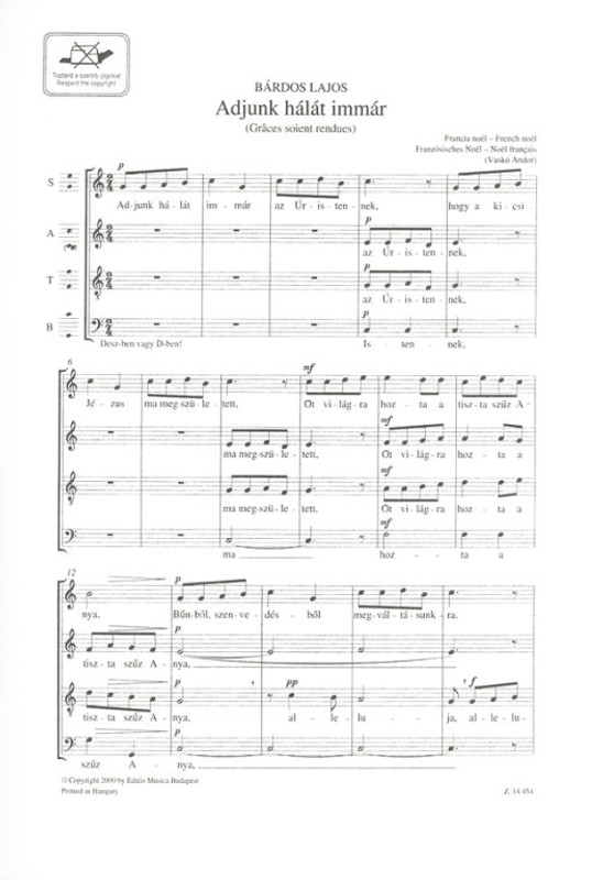 Bárdos Lajos Adjunk hálát immár (Grâces soient rendues)  French noël  vocalchoral score  Translated by Vaskó Andor  sheet music (9790080144541) 