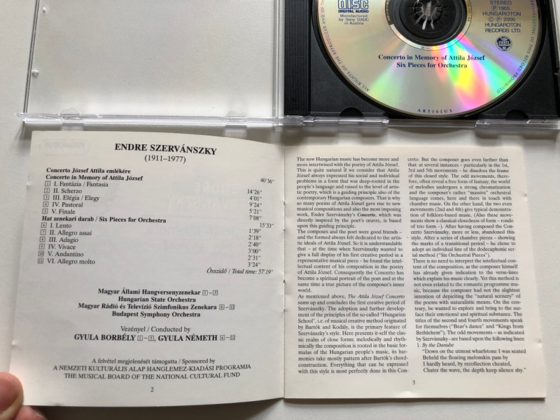 Endre Szervanszky - Concerto in Memory of Attila Jozsef; Six Pieces for Orchestra / Hungaroton Classic Audio CD 2000 Stereo / HCD 31728