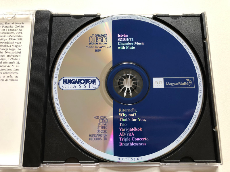 Istvan Szigeti: Chamber Music with Flute - Ritornelli; Why Not?; That's for You; Trio; Vari-jatekok; AD(ri)A; Triple Concerto; Breathlessness / Hungaroton Classic Audio CD 2005 Stereo / HCD 32360