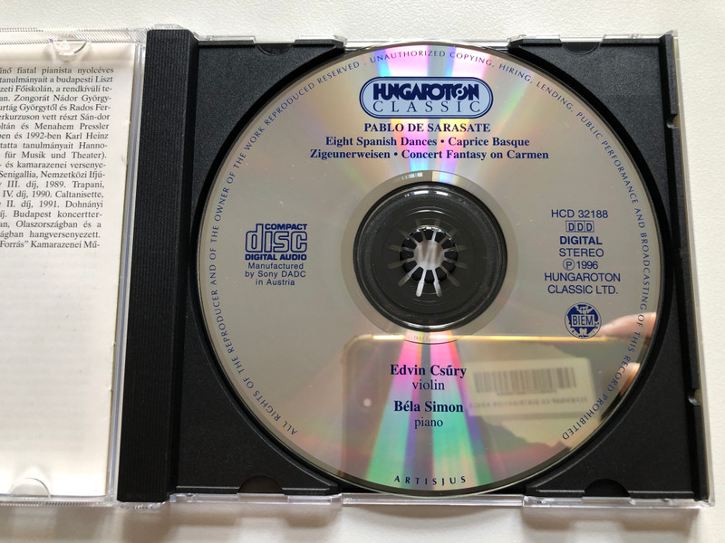 Sarasate - Eight Spanish Dances; Caprice Basque; Zigeunerweisen; Concert Fantasy On Carmen - Edvin Csury (violin), Bela Simon (piano) / Hungaroton Classic Audio CD 1996 Stereo / HCD 32188