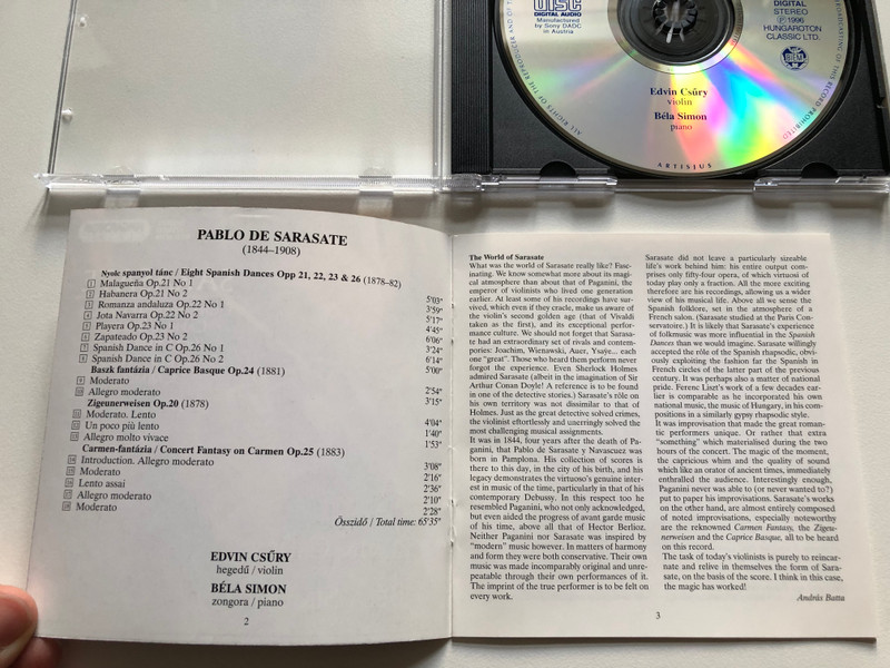 Sarasate - Eight Spanish Dances; Caprice Basque; Zigeunerweisen; Concert Fantasy On Carmen - Edvin Csury (violin), Bela Simon (piano) / Hungaroton Classic Audio CD 1996 Stereo / HCD 32188