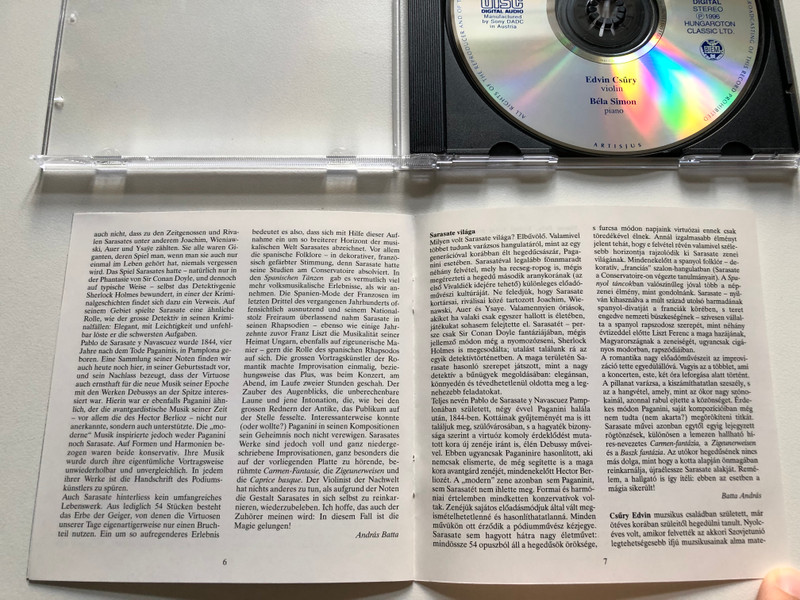 Sarasate - Eight Spanish Dances; Caprice Basque; Zigeunerweisen; Concert Fantasy On Carmen - Edvin Csury (violin), Bela Simon (piano) / Hungaroton Classic Audio CD 1996 Stereo / HCD 32188