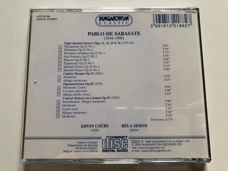 Sarasate - Eight Spanish Dances; Caprice Basque; Zigeunerweisen; Concert Fantasy On Carmen - Edvin Csury (violin), Bela Simon (piano) / Hungaroton Classic Audio CD 1996 Stereo / HCD 32188