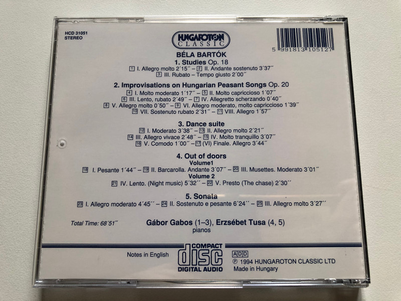 Bartók - Studies; Improvisations; Dance Suite; Out Of Doors; Sonata - Erzsébet Tusa, Gábor Gabos (pianos) / Hungaroton Classic Audio CD 1994 Stereo / HCD 31051