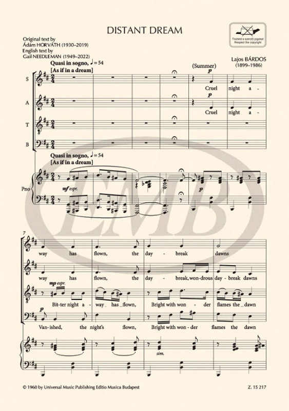 Bárdos Lajos Distant Dream [Távoli álom]  for mixed choir with piano accompaniment  choral sheets  Translated by Needleman, Gail  sheet music (9790080152171)