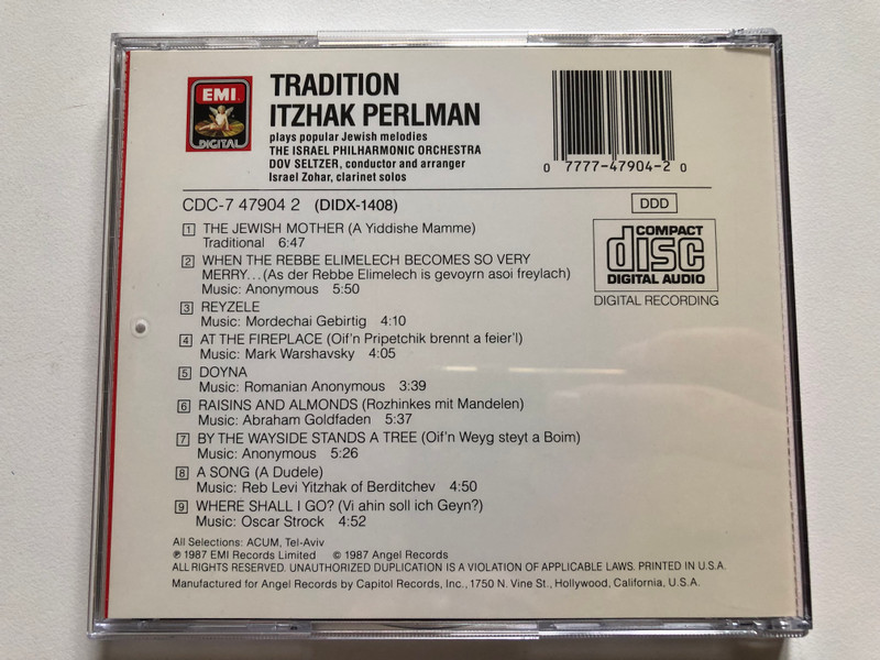 Tradition - Itzhak Perlman Plays Popular Jewish Melodies - The Israel Philharmonic Orchestra, Dov Seltzer (conductor and arranger) / EMI Digital Audio CD 1987 / CDC-7 47904 2