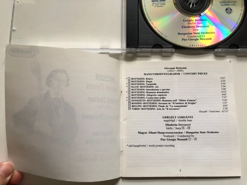 Bottesini: Concert Pieces - Gergely Járdányi (double bass), Elisabetta Devescovi (harp), Hungarian State Orchestra, Conducted By Pier Giorgio Morandi / Hungaroton Classic Audio CD 1997 Stereo / HCD 31694
