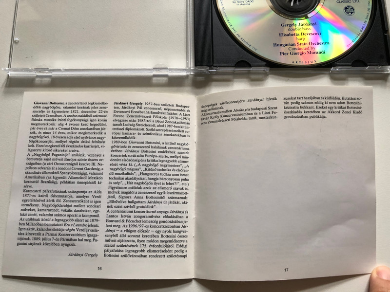 Bottesini: Concert Pieces - Gergely Járdányi (double bass), Elisabetta Devescovi (harp), Hungarian State Orchestra, Conducted By Pier Giorgio Morandi / Hungaroton Classic Audio CD 1997 Stereo / HCD 31694