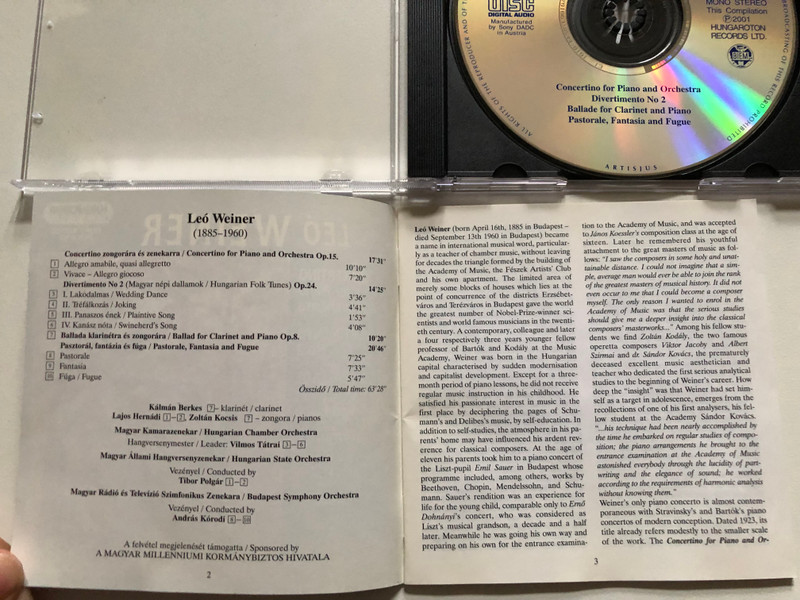 Leó Weiner – Concertino For Piano And Orchestra; Divertimento No.2; Ballade for Clarinet and Piano; Pastorale Fantasia and Fugue / Hungaroton Classic Audio CD 2001 Mono, Stereo / HCD 31992