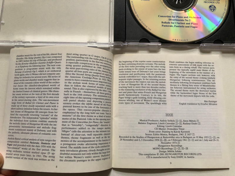 Leó Weiner – Concertino For Piano And Orchestra; Divertimento No.2; Ballade for Clarinet and Piano; Pastorale Fantasia and Fugue / Hungaroton Classic Audio CD 2001 Mono, Stereo / HCD 31992