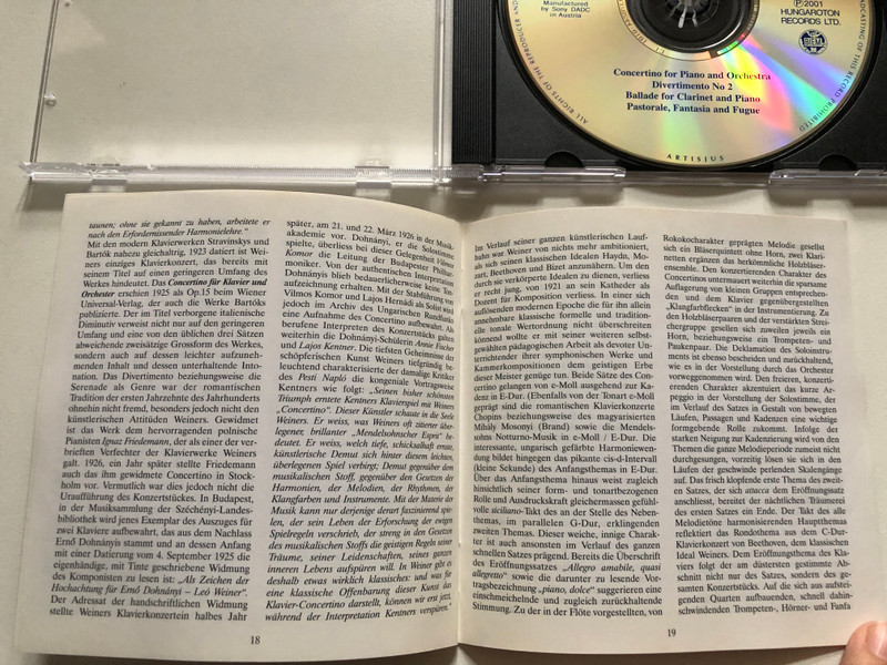 Leó Weiner – Concertino For Piano And Orchestra; Divertimento No.2; Ballade for Clarinet and Piano; Pastorale Fantasia and Fugue / Hungaroton Classic Audio CD 2001 Mono, Stereo / HCD 31992