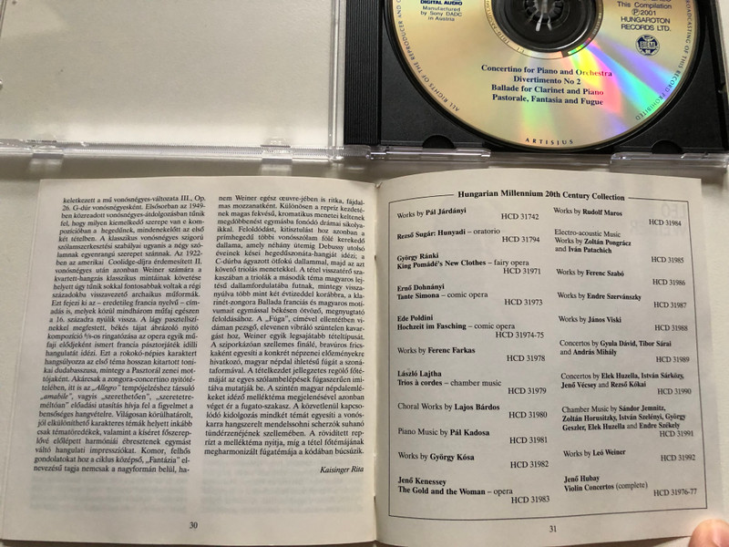 Leó Weiner – Concertino For Piano And Orchestra; Divertimento No.2; Ballade for Clarinet and Piano; Pastorale Fantasia and Fugue / Hungaroton Classic Audio CD 2001 Mono, Stereo / HCD 31992