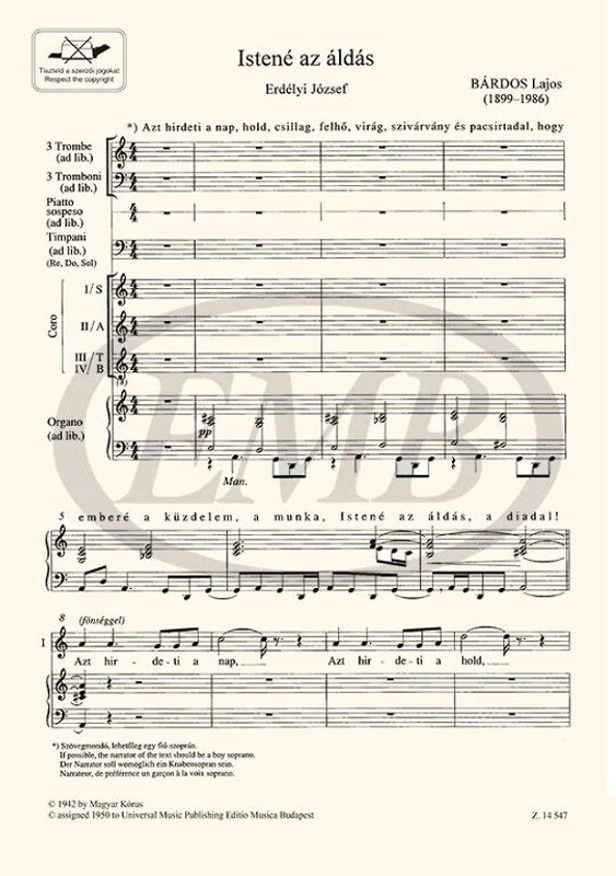 Bárdos Lajos Istené az áldás - for mixed voices  (3Trombe, 3 Tromboni, Piatto sospeso, Timpani, Organo - ad lib.)  vocalchoral score  Words by Erdélyi József  sheet music (9790080145470)