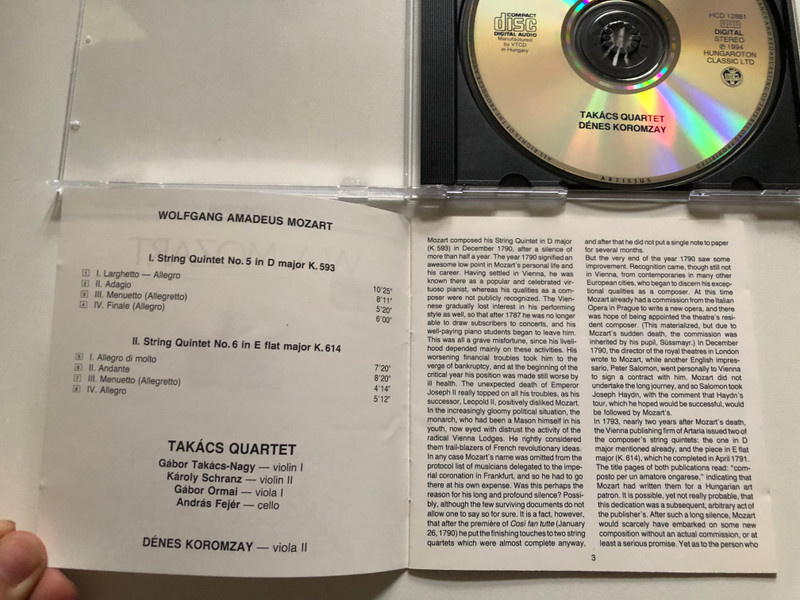 W.A. Mozart - String Quintets in D Major K 593; In E flat Major K 614 - Takács Quartet, Denes Koromzay / Hungaroton Audio CD 1994 Stereo / HCD 12881-2