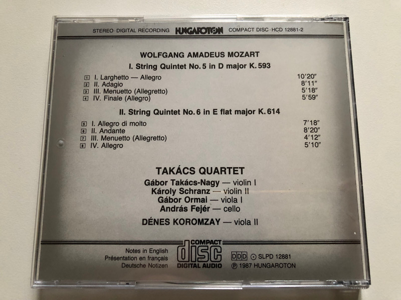W.A. Mozart - String Quintets in D Major K 593; In E flat Major K 614 - Takács Quartet, Denes Koromzay / Hungaroton Audio CD 1994 Stereo / HCD 12881-2