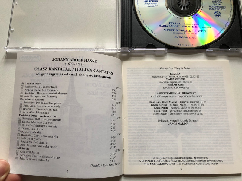 Hasse: Italian Cantatas with obbligate instruments - Eva Lax (mezzo-soprano), Maria Zadori (soprano), Noemi Kiss (soprano), Affetti Musicali, Budapest on period instruments, Janos Malina / Hungaroton Classic Audio CD 2000 Stereo / HCD 31843