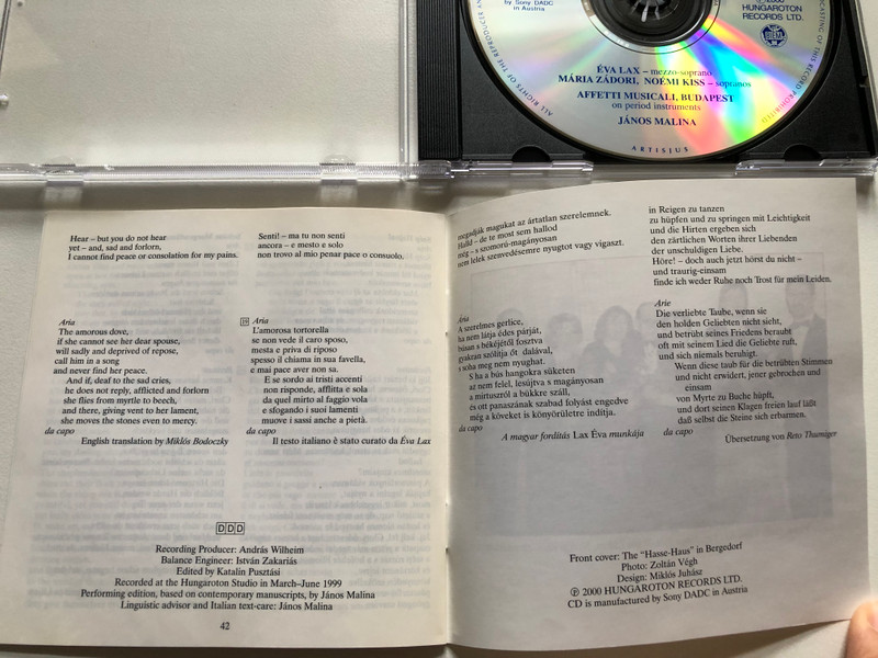 Hasse: Italian Cantatas with obbligate instruments - Eva Lax (mezzo-soprano), Maria Zadori (soprano), Noemi Kiss (soprano), Affetti Musicali, Budapest on period instruments, Janos Malina / Hungaroton Classic Audio CD 2000 Stereo / HCD 31843
