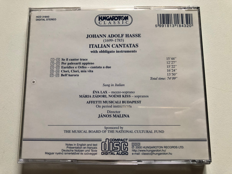 Hasse: Italian Cantatas with obbligate instruments - Eva Lax (mezzo-soprano), Maria Zadori (soprano), Noemi Kiss (soprano), Affetti Musicali, Budapest on period instruments, Janos Malina / Hungaroton Classic Audio CD 2000 Stereo / HCD 31843